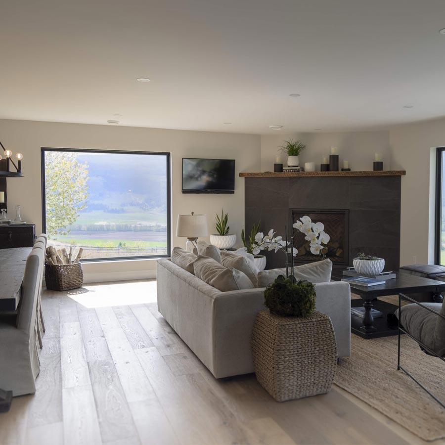 Modern Farmhouse Renovation with Del Mar hardwood flooring in a great room. Design by MATERIA Interior Design Studio